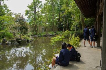 境内の池で俳句を考える生徒たち