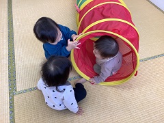 ひよこ組がトンネル遊びをしています。