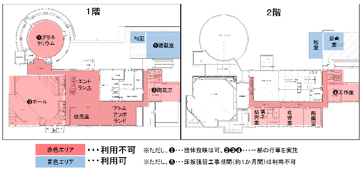 プラネタリウム団体投映は可、ホール、陶芸室、工作室は一部行事を実施、遊戯室は約1か月間床板張替工事有