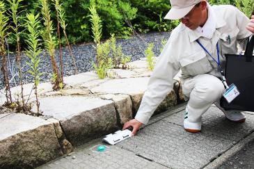 殺虫エサと調査用わなを設置する県の職員