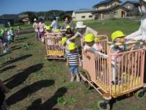 収穫の様子を見に来た小さいクラスの子ども達