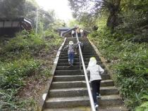 神社の階段をのぼっている