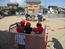 0歳児が焼き芋の様子をみています