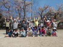 校庭の桜の木の下でばんざいをしています