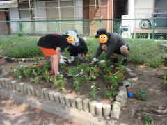 大人と一緒に花苗を植えている写真
