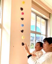 まつぼっくりを見ている親子の画像