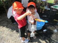 らっこ組のビニール袋を使って水遊びの画像