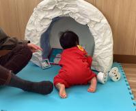 かまくらの遊具にはいろうとする男児の画像