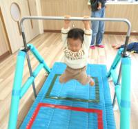 鉄棒にぶら下がる男児の画像