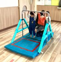 鉄棒にぶら下がっている兄の隣で母に支えてもらいぶら下がろうとする女児の画像