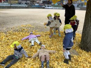 イチョウの葉に寝転んでいる