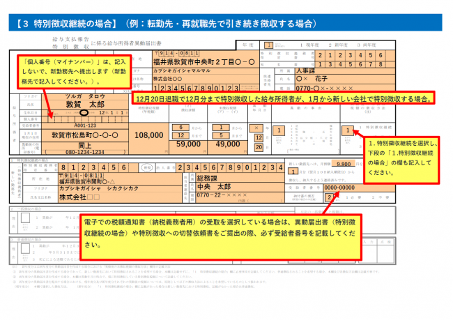 特別徴収継続の場合の記入例の画像