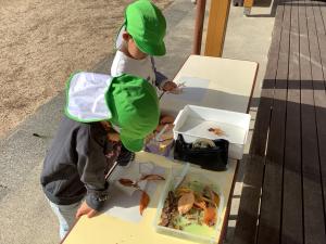 落ち葉と丸シールを使って制作している画像