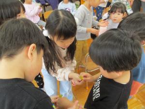 ヒイラギのちくちくする葉っぱを年少さんにも見せています