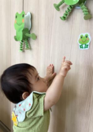壁に貼ってあるカエルのイラストを指さす女児の画像
