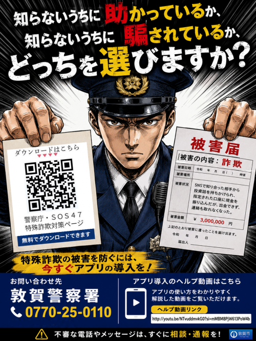 特殊詐欺の被害を防ぐ広報をする警察官のイラスト