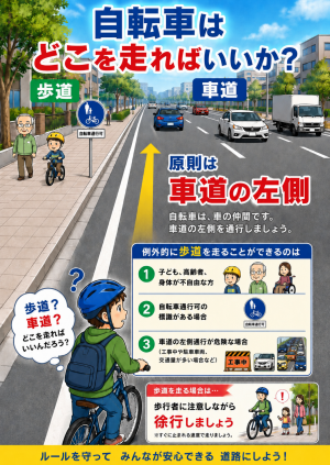 「自転車はどこを走ればいいか?」と書かれた交通安全チラシの画像