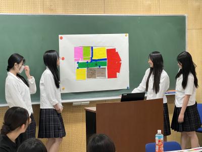 模造紙を見ながら提案を説明する制服を着た学生の画像