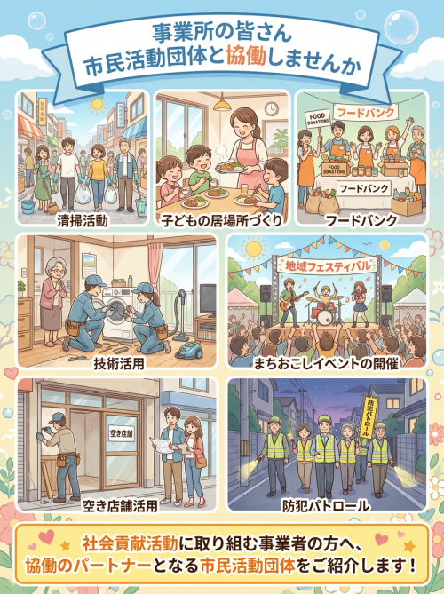 「事業所の皆さん、市民活動団体と協働しませんか」と書かれたイラスト