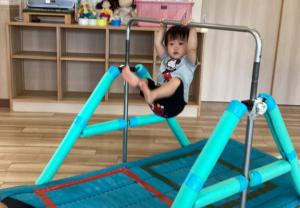 鉄棒にぶら下がる男児