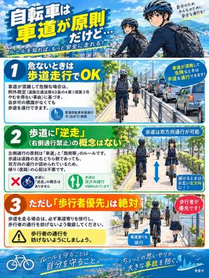 自転車は車道が原則であることを踏まえ、ルールを知ることで、さらに安全に走行できることを広報するイラスト
