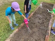 花壇の水やりをしている