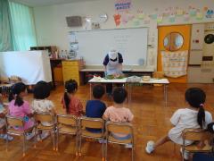 スイカを切るところを見ています