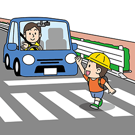 手を挙げて横断歩道を渡る歩行者のイラスト